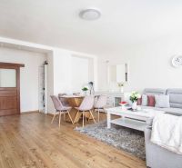 Living room in a two-room apartment with a wooden decor floor and a comfortable sofa.