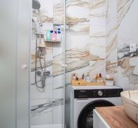 A bathroom in a 2-room apartment with marble tiles, a shower corner, and a washing machine.