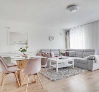 Living room in a two-room apartment with a wooden decor floor, gray sofa, and dining table.