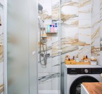 Bathroom in a 2-room apartment with a washing machine and shower, surrounded by marble tiles.