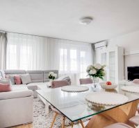 Living room in a two-room apartment with a white sofa and a glass table.