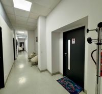 A corridor of commercial spaces with light walls, decorative mats, and wall lights.