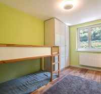 Green wall in a 4-room apartment with a bunk bed and wooden decor flooring.