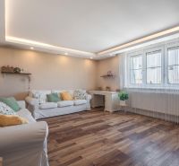 Living room in a 4-room apartment with a light sofa, wood-patterned flooring, and decorative lighting.