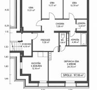 Floor plan of a 4-room apartment with a kitchen, bathroom, and pantry, totaling 97.18 m².