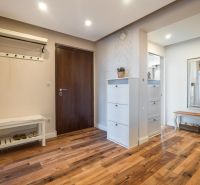 Entrance to a 4-room apartment with a wooden decor floor, cabinets, and a mirror.