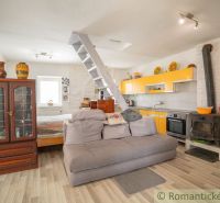 The interior of the cabin with a kitchenette, stove, sofa, and staircase with wooden decor.