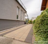 The side yard of the cottage in Senec with a garden and terrace.