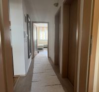 A hallway in a 2-room apartment with a wooden decor floor and a mirror on the wall.
