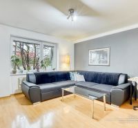 Living room in a two-room apartment with a sofa, table, and wooden decor flooring.