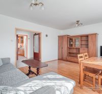 Living room in a three-room apartment with a wooden decor floor and furniture.