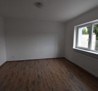 The interior of commercial spaces with white walls and a wooden decor floor.