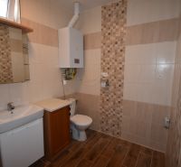 Bathroom with toilet, sink, boiler, and wooden decor flooring in commercial premises.
