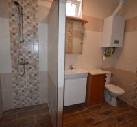 Bathroom in commercial premises with tile and wooden decor flooring.