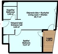 Floor plan of a 2-room apartment with a bathroom, entrance hall, living room, and loggia.