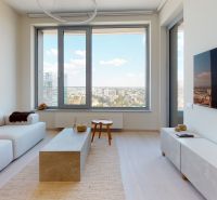 Living room in a two-room apartment with glass windows and a white sofa.