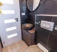 A bathroom in a family house with a designer sink and a floor with a wooden decor.
