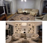 Comparison: Living room of a family house before and after renovation, depiction of changes.
