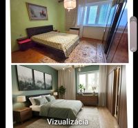 Bedroom in a family house with a bed, furniture, and decorations, redesign visualization.