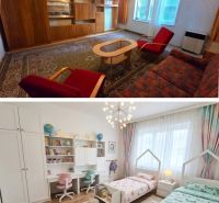 The top photograph shows a living room in a family house with classic furniture. The bottom visualization offers a children's room with beds, decor, and storage space.