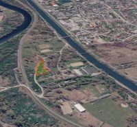 Aerial view of the Vážske arm near Piešťany, recreational plots marked in red.