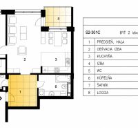 Layout of a 2-room apartment with a hallway, living room, kitchen, room, and loggia.