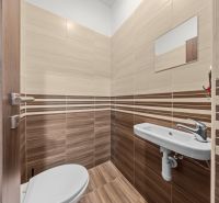 A bathroom with a wooden decor floor and a sink in a 2-room apartment.