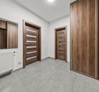 A hallway with built-in wardrobes in a 2-room apartment with a wooden decor floor.