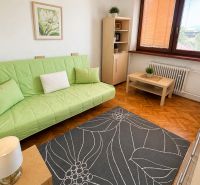 A room in a family house with a sofa, carpet, and wood-patterned flooring.
