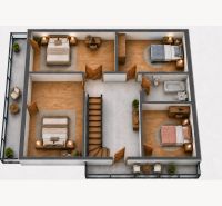 A floor plan of a family house with four bedrooms and a wooden decor floor.