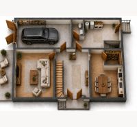 Floor plan of a family house with wooden decor flooring, a garage, and a terrace.