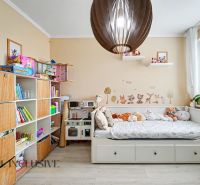 Children's room with a shelf, bed, and toys, floor with wooden decor.