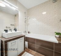 Bathroom with shower, bathtub, and washing machine in a 3-room apartment. Elegant details and decor.