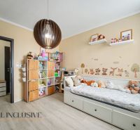 Children's room in a three-room apartment with a wall decorated with animals, a bed, and a bookshelf.