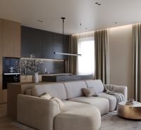 Living room with kitchen in a 3-room apartment, wooden decor flooring, beige sofa.