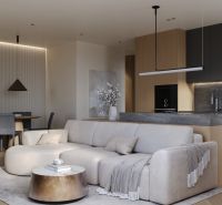 Living room with a comfortable sofa and a wooden decor floor in a 3-room apartment.