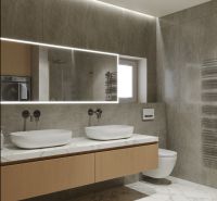A bathroom in a 3-room apartment with a marble floor and hanging furniture.