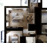 Floor plan of a 3-room apartment with wood-patterned flooring, comfortable room arrangement.