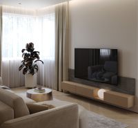 Living room in a 3-room apartment with a comfortable sofa and a floor with a wooden decor.