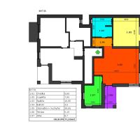 Floor plan of a 3-room apartment with a terrace and a balcony. Total area 77.55 m².