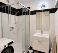 Bathroom in a 2-room apartment with a washing machine, shower corner, and black-and-white tiles.