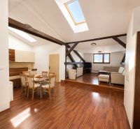 Open space with skylights, a dining table, and a wooden decor floor in a 3-room apartment.