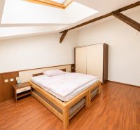 A bedroom in a three-room apartment with a wood-patterned floor, skylights, and wooden beams.