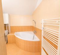 A bathroom with a sitting bathtub and orange tiles in a 3-room apartment.