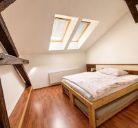 Attic bedroom with a bed, skylights, and a wooden decor floor in a 3-room apartment.