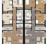 The floor plan shows the design of an apartment with three bedrooms, a bathroom, and a living room.