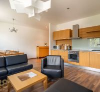 Living room and kitchen in a holiday apartment with a wooden decor floor.