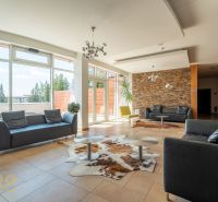 Spacious interior with leather sofas and a carpet in a Holiday Apartment.