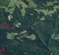 Aerial view of agricultural and forest lands around Stará Ľubovňa with marked boundaries.