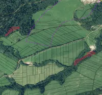 Aerial view of agricultural and forest land around Stará Ľubovňa with forest cover.